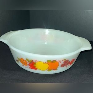 Vintage Anchor Hocking Fireking #436 1qt Casserole Dish Hildi Fruit and Flower